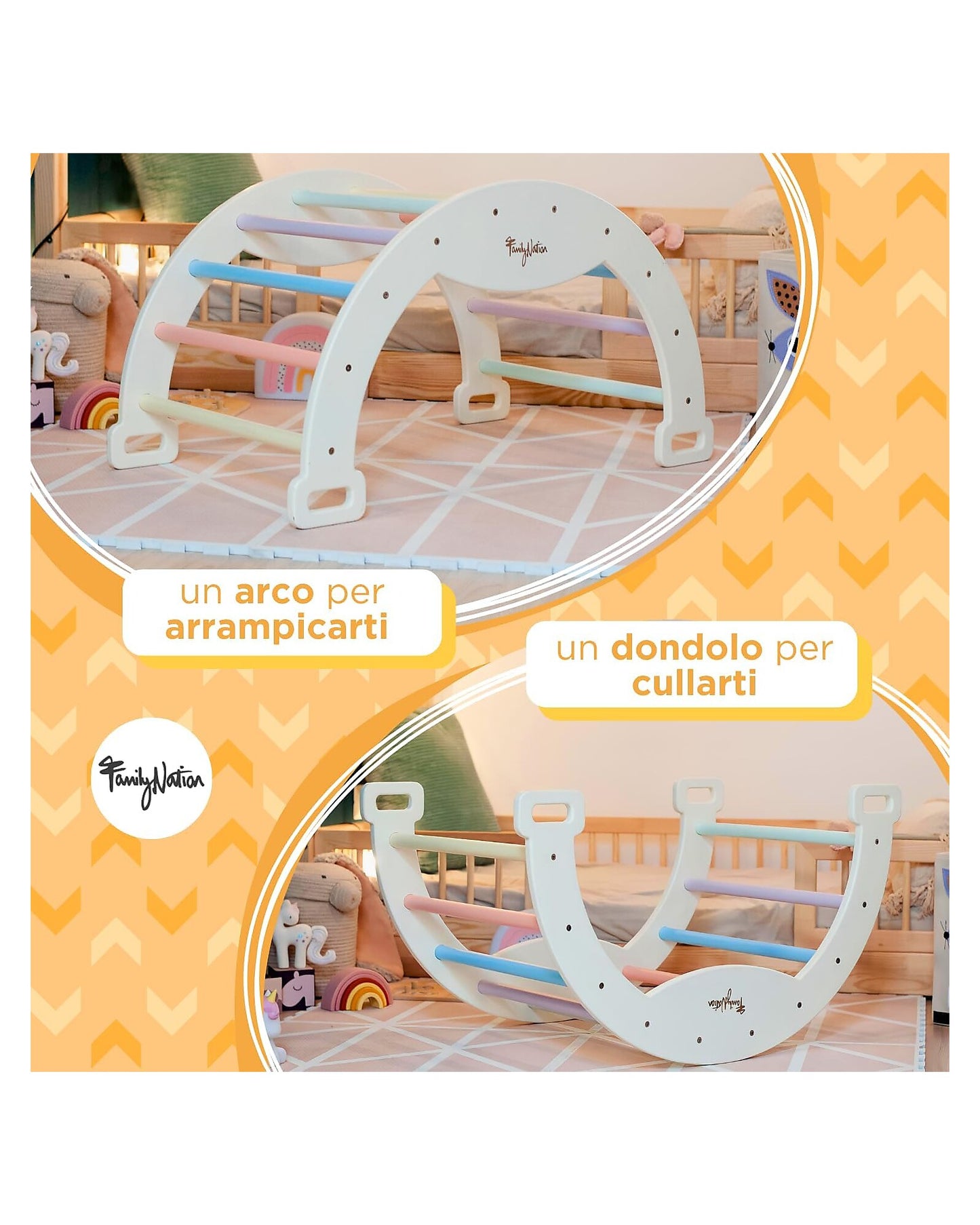 Family Nation łuk Montessori 2w1 do wspinania i bujania, do 30 kg – Rainbow Sunny Beach