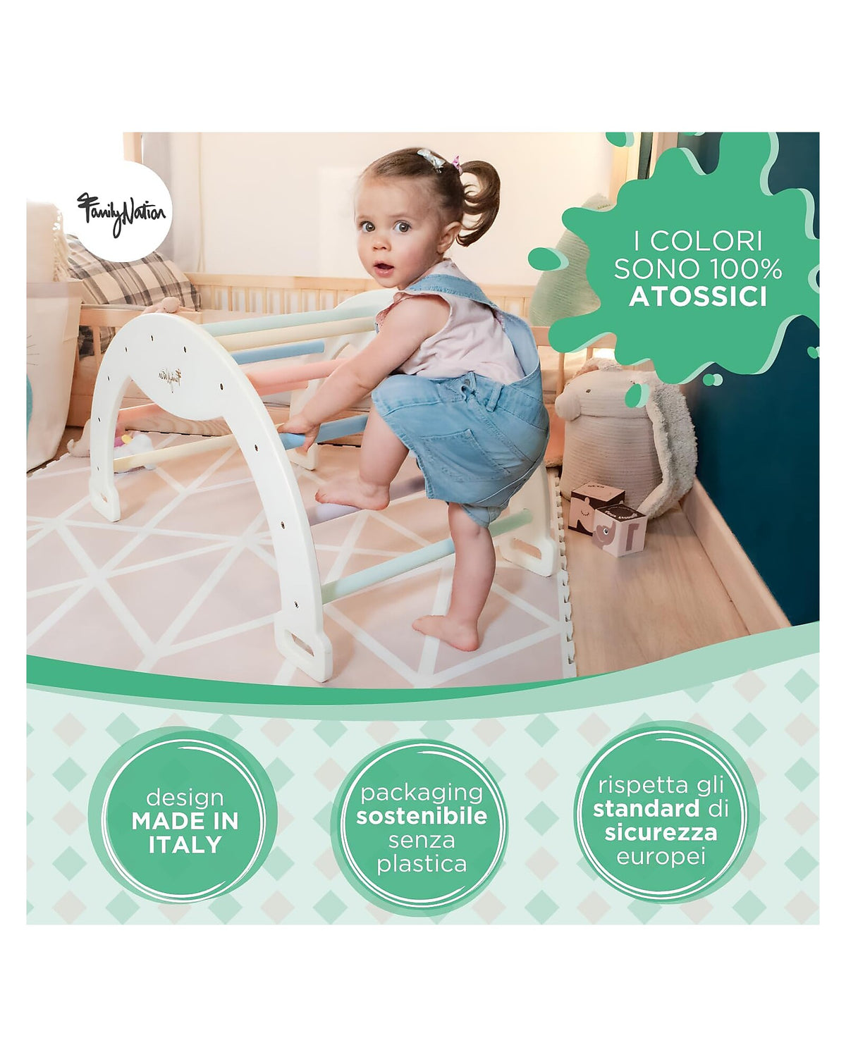 Family Nation łuk Montessori 2w1 do wspinania i bujania, do 30 kg – Rainbow Sunny Beach