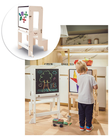 Family Nation wieża edukacyjna Montessori 3w1 z dwustronną tablicą magnetyczną – White